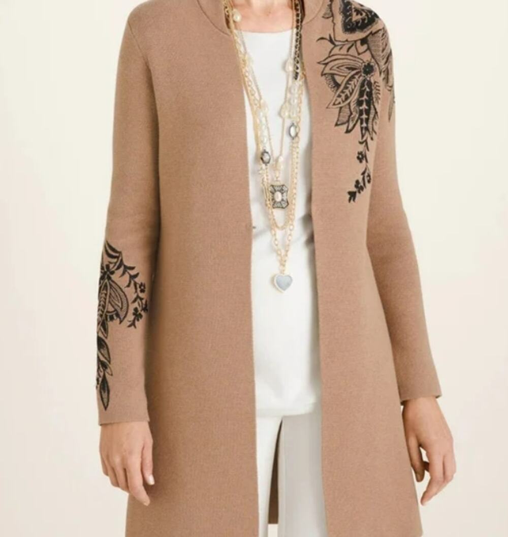 Chicos Long Cardigan Sweater Knit Embroidered Floral Tan Black Womens XL